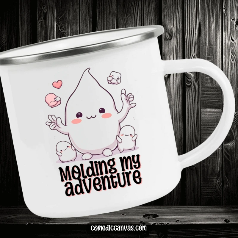 Funny playful clay blob character molding into shapes, durable enamel camping mug, humorous artistic outdoor art.