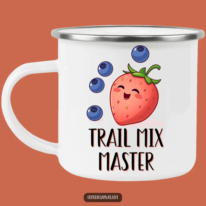 Funny Strawberry Juggling Camping Mug: Trail-Ready Fruit Humor