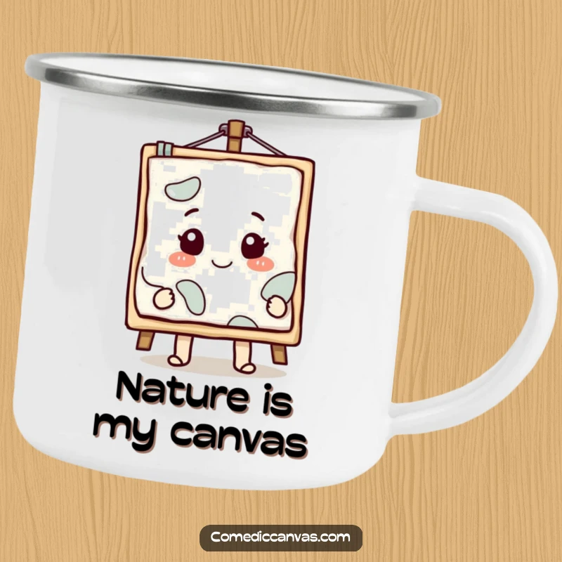 Funny smiling canvas character with a masterpiece emerging, a durable and humorous camping mug.