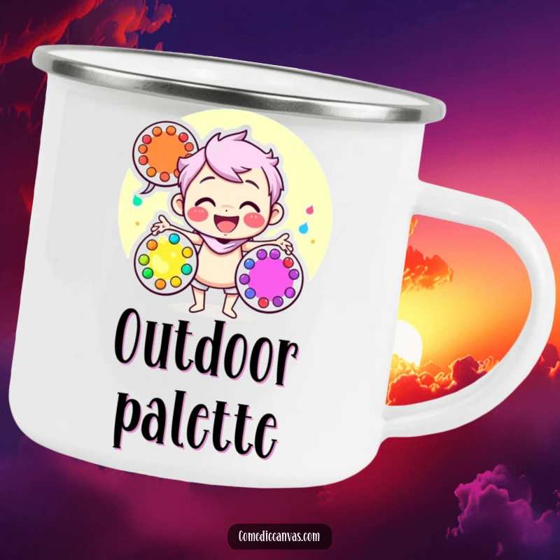 Funny camping mug showcasing a happy character juggling vibrant art palettes, perfect for artists who adventure and create.