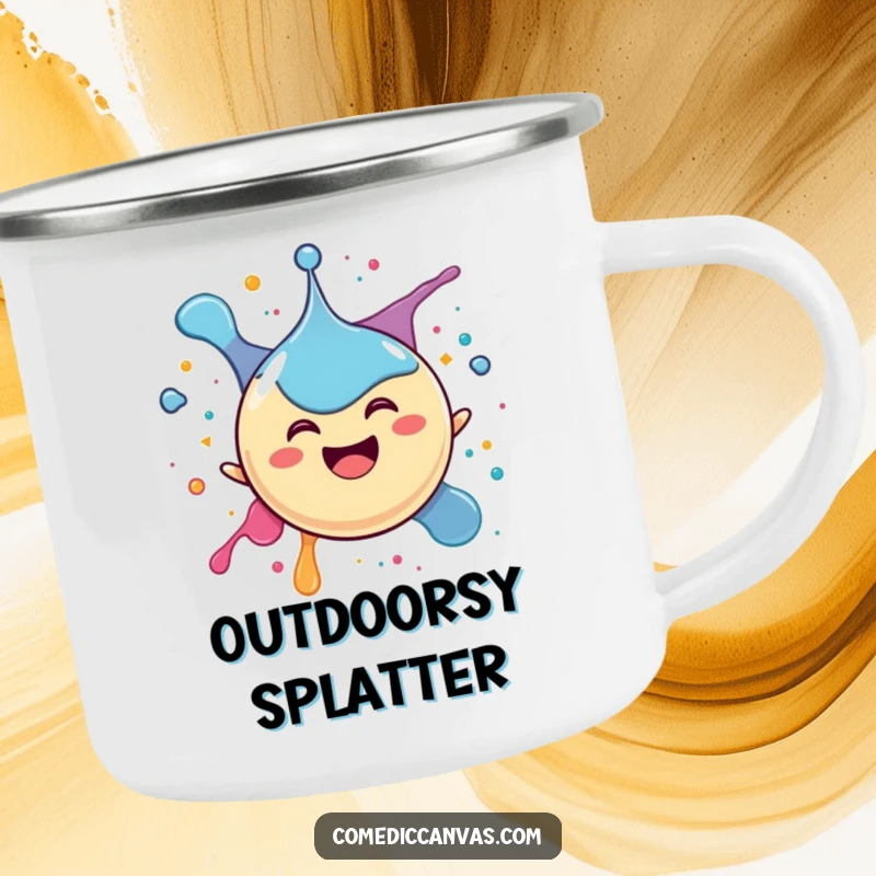 Funny camping mug with a happy spherical ink drop character joyfully splattering itself, ideal for outdoor fun and embracing happiness.