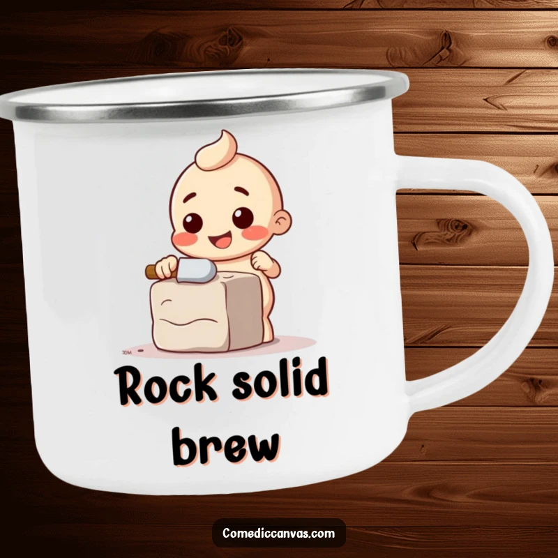 Funny camping mug with a happy chisel character comically chipping away at a block of clay, for outdoor art.