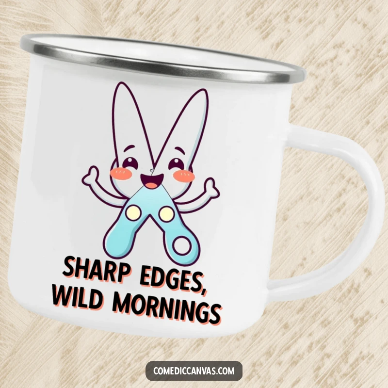 Funny camping mug with a happy scissors character cutting a star, perfect for enjoying drinks outdoors.