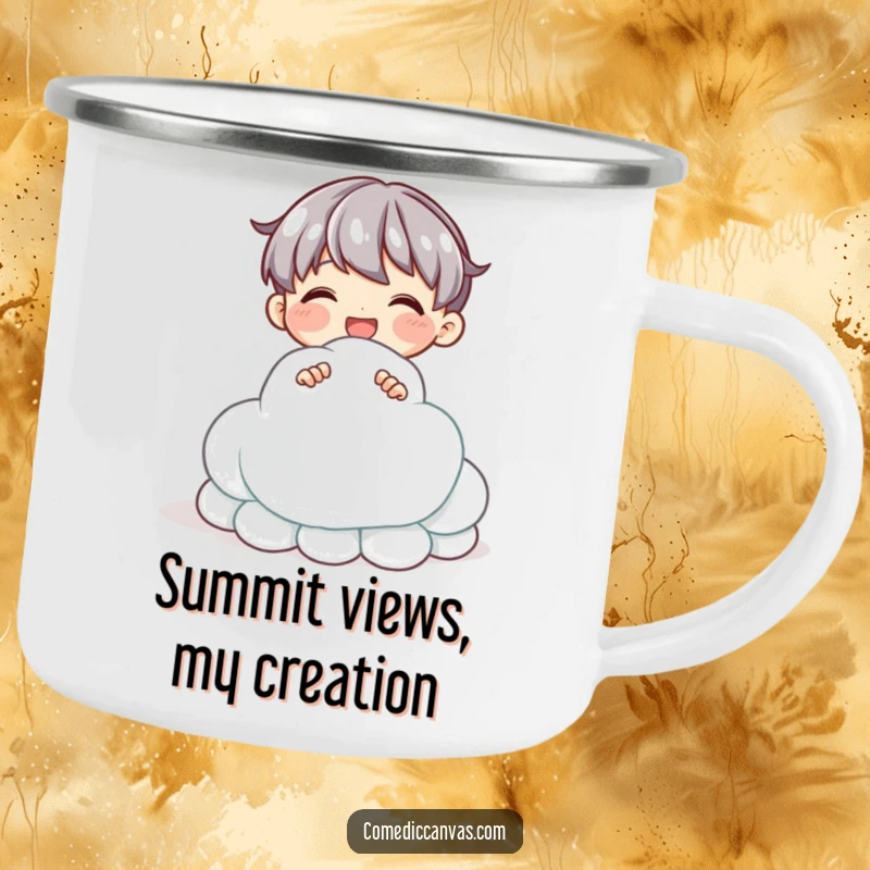 Funny camping mug featuring a delighted character sculpting a cloud from shimmering clay, perfect for outdoor artistic inspiration.