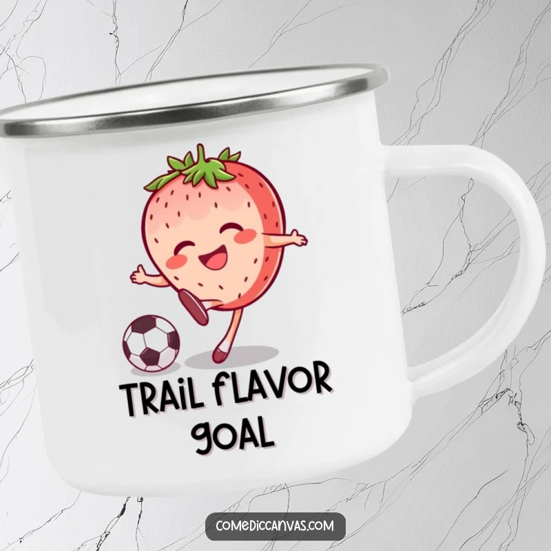 Funny joyful strawberry character kicking a soccer ball with a grin, designed for durability and fun on this camping mug.