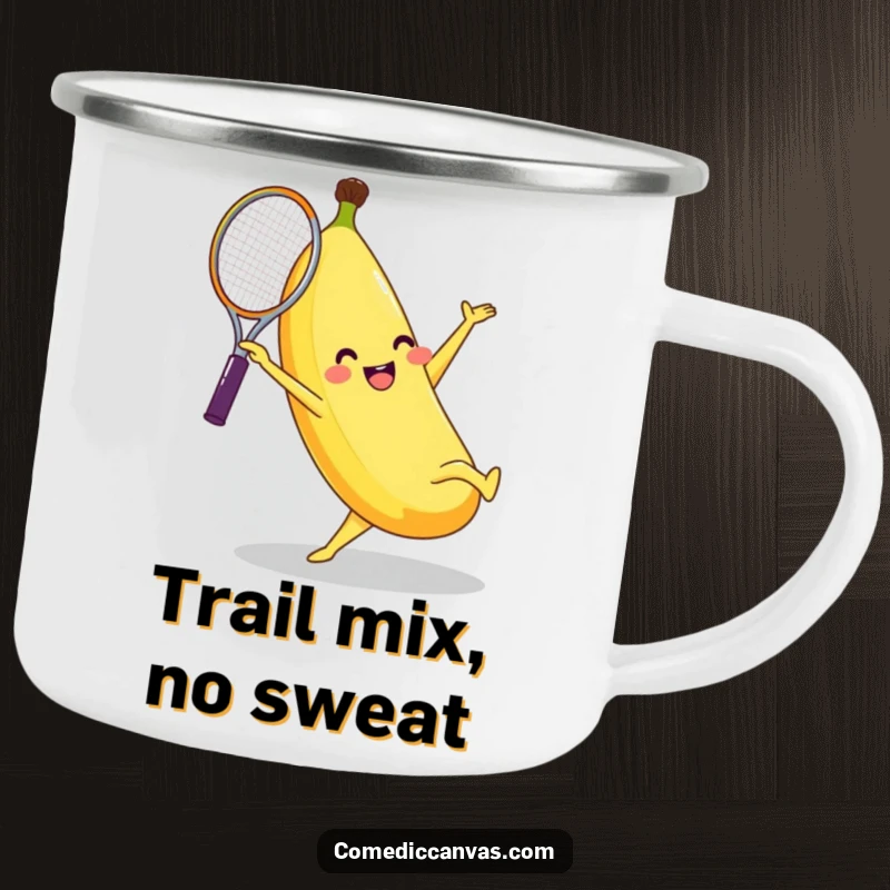 Funny banana character doing a cartwheel with a tennis racket, rugged enough for camping on this enamel mug.
