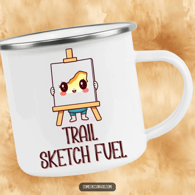 Funny camping mug showcasing a delighted easel character holding a colorful, incomplete drawing, perfect for outdoor artists.