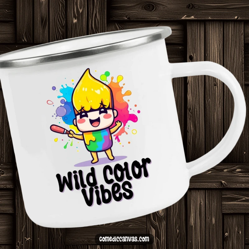 Funny camping mug with a cheerful paintbrush character joyfully splattering rainbow paint, ideal for outdoor art.