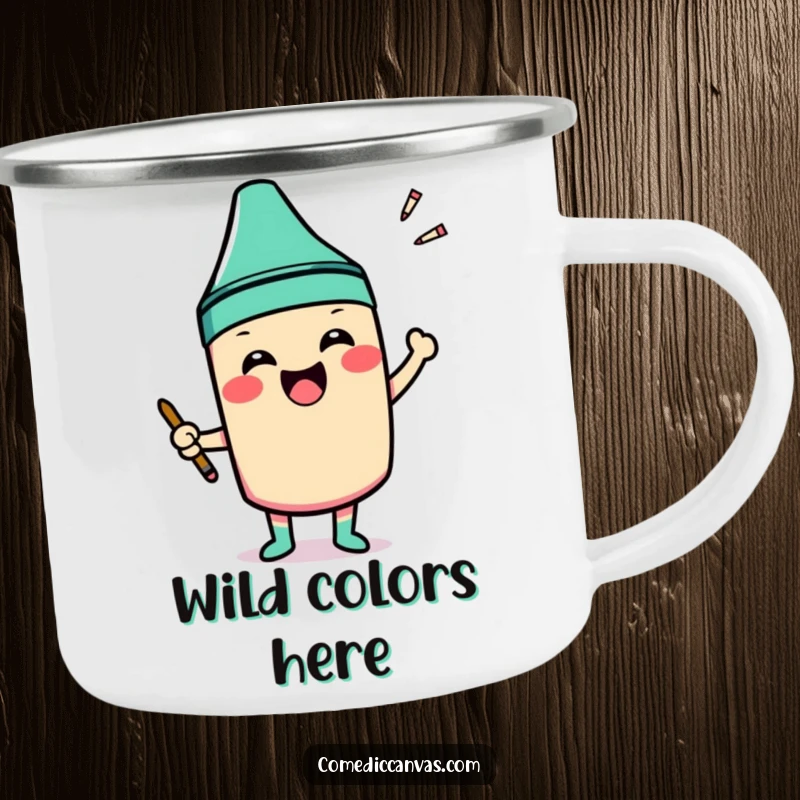Funny camping mug with a smiling crayon character excitedly coloring outside the lines of a shape, for outdoor art.