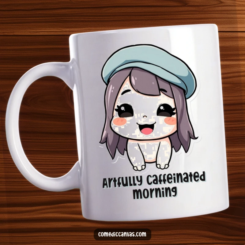 Funny mug featuring a smiling artist character with a crooked beret, exuding playful artistic vibes.