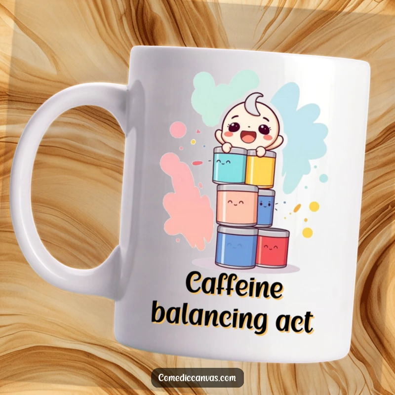 Funny mug with a laughing character precariously balancing a tall, unstable stack of colorful paint cans, about to tumble.