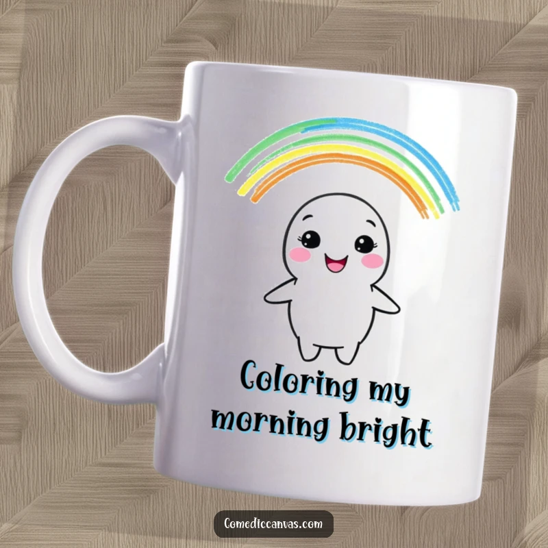 Funny mug showing a cheerful crayon character happily drawing a vibrant rainbow, symbolizing joy and creativity.
