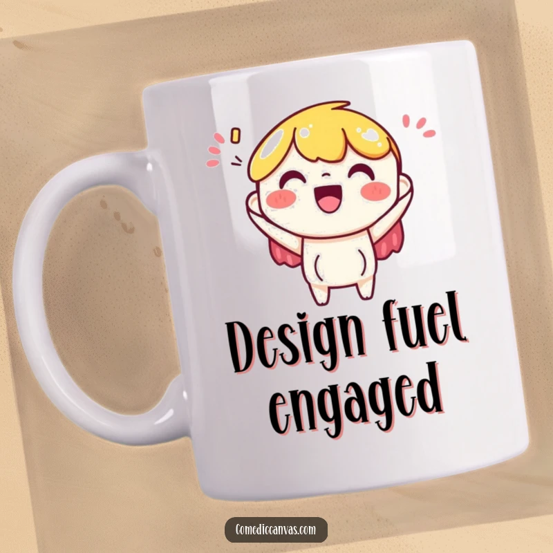 Funny mug showing a cheerful art paper character happily accepting a vibrant, colorful design, embodying creative appreciation and joy.