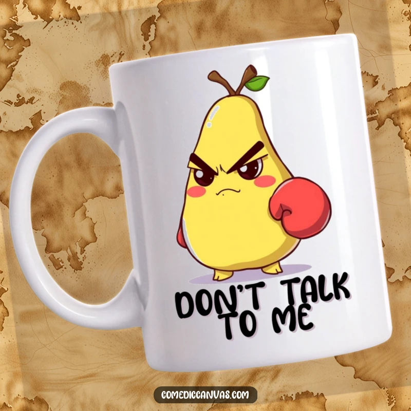 Funny grumpy pear wearing a tiny boxing glove and glaring intensely on a mug, showing attitude.