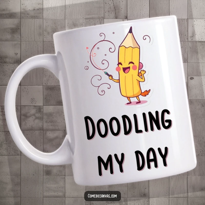 Funny mug with a delighted pencil character actively drawing a whimsical, swirling design, full of creative energy.