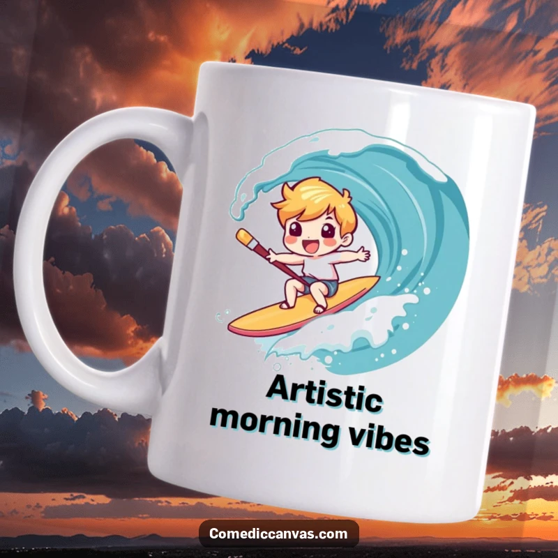 Funny mug showing a giggling character surfing a canvas wave on a paintbrush like a surfboard, a scene of pure artistic joy.