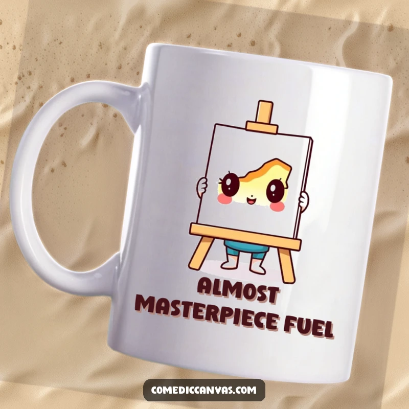 Funny mug with a cute easel character proudly displaying a colorful, half-finished drawing, embodying artistic passion and creativity.