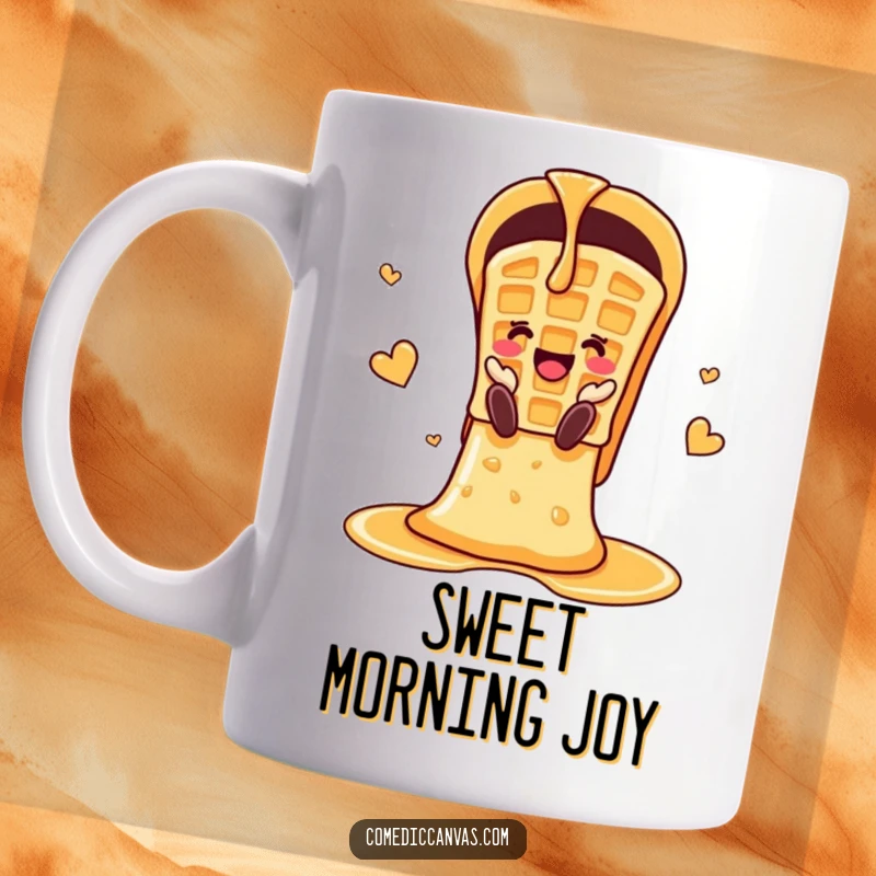 Funny cheerful waffle sliding down a chute made entirely of syrup on a mug, showing breakfast joy.