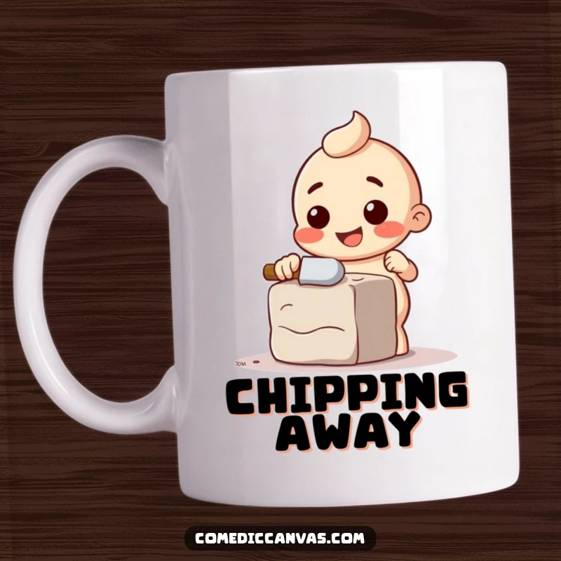 Funny mug with a happy chisel character comically chipping away at a block of clay, showing artistic effort.