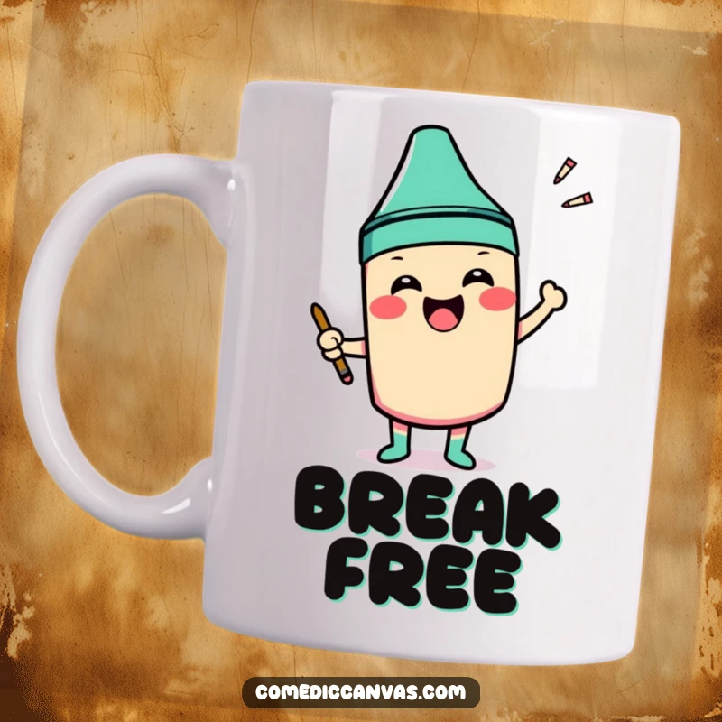 Funny mug with a smiling crayon character excitedly coloring outside the lines of a shape, spreading colorful joy.