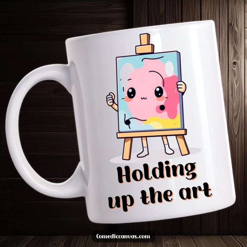 Funny determined easel character holding up a comically abstract masterpiece, ceramic coffee mug, artistic dedication illustration.