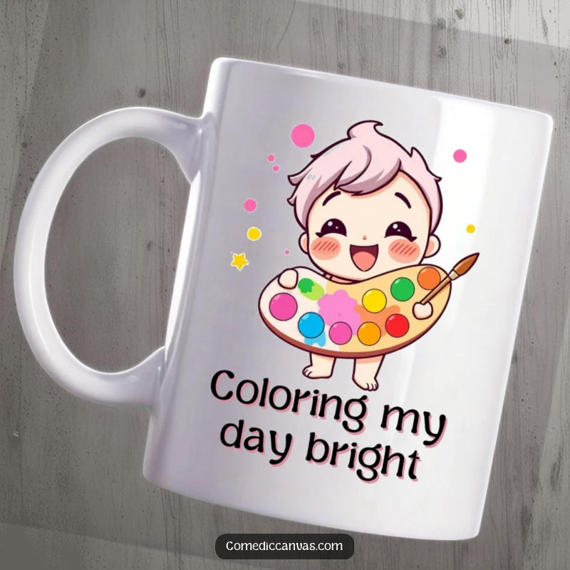Funny giggling paint palette character overflowing with bright, cheerful colors, ceramic coffee mug, happy artistic illustration.