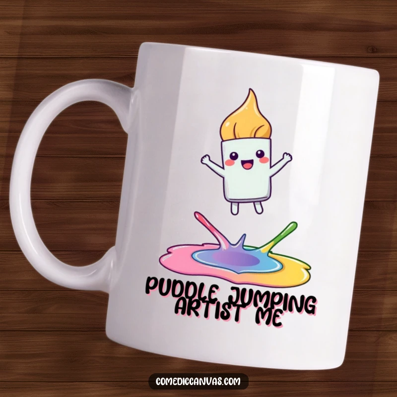 Funny mug featuring a happy, kawaii paintbrush leaping joyfully between colorful paint puddles, celebrating artistic freedom.