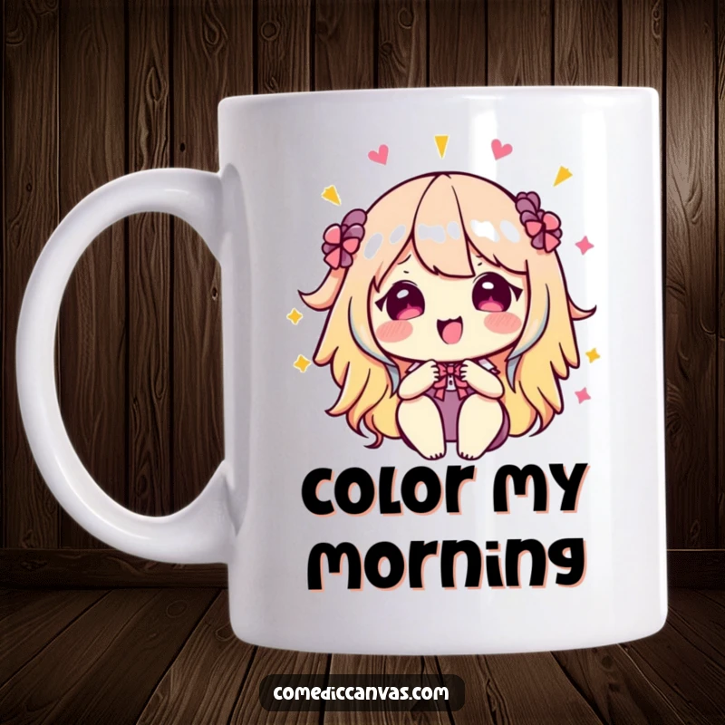 Funny kawaii artist's palette joyfully mixing bright, bold colors, a humorous mug for creative individuals, great gift.