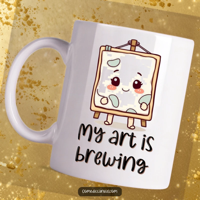 Funny smiling canvas character with a masterpiece emerging, a humorous mug celebrating artistic creation.