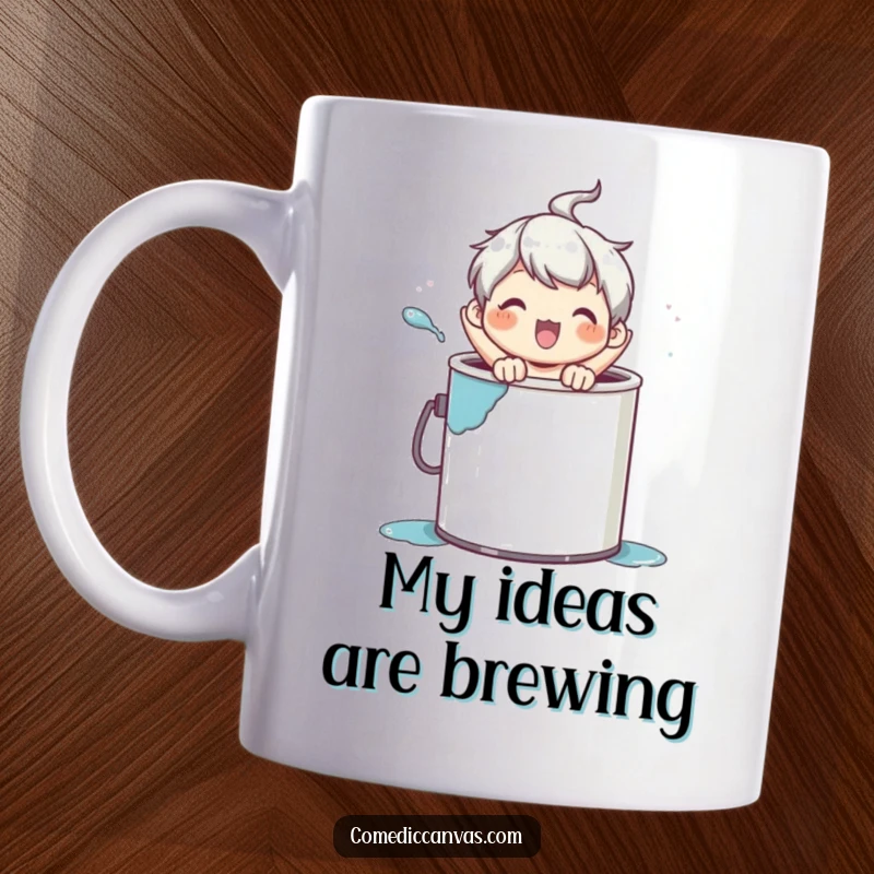 Funny mug showing a happy character popping out of a vibrant paint can, celebrating art and laughter.