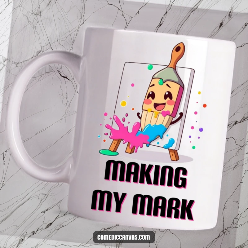 Funny mug featuring a smiling paintbrush character excitedly splattering vibrant paint, celebrating art creation, a funny gift.