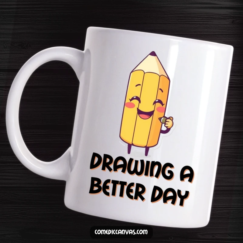 Funny mug with a smiling pencil character actively sketching a comically silly face, capturing the joy of creation.
