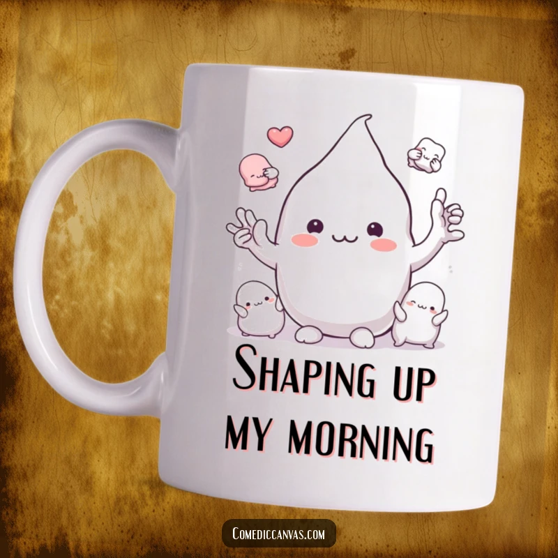 Funny playful clay blob character molding itself into various fun shapes, ceramic coffee mug, abstract creativity.