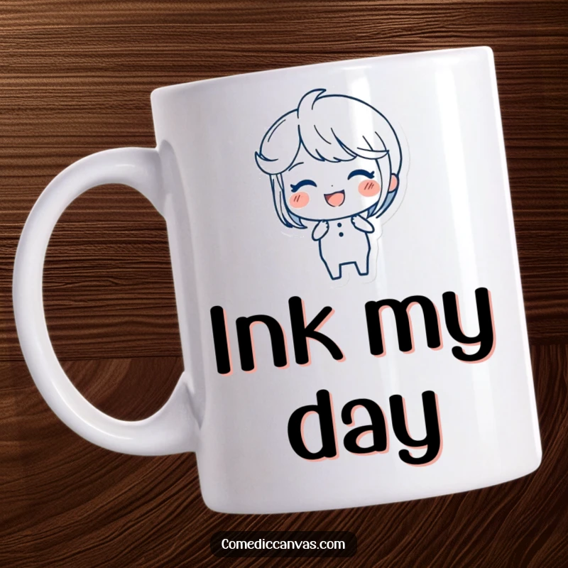 Funny Ink Pen Mug featuring a joyful character gracefully creating elegant, flowing strokes with a smile.