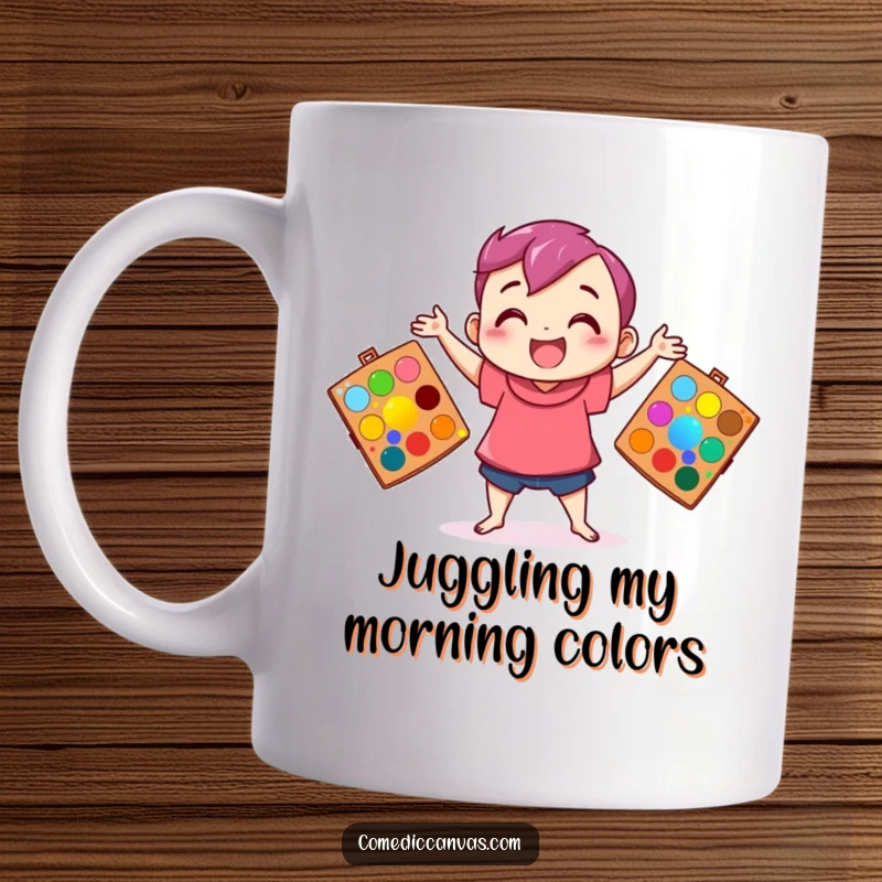 Funny mug of a happy character skillfully juggling three art palettes, overflowing with vibrant, colorful paints.