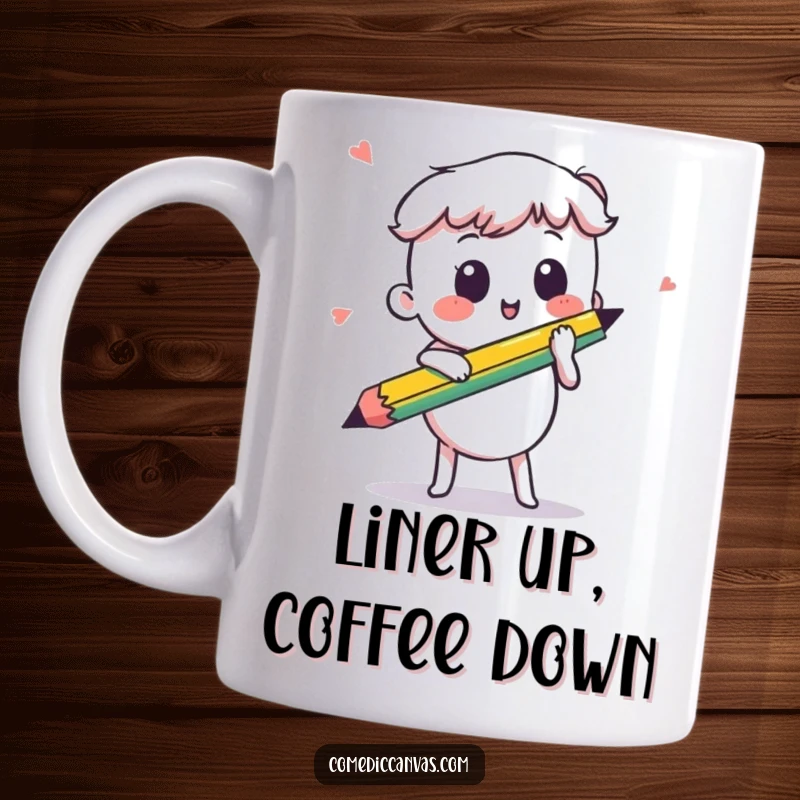 Funny kawaii pencil energetically sketching a quick, bold line, a humorous mug for artists and doodlers, great gift.
