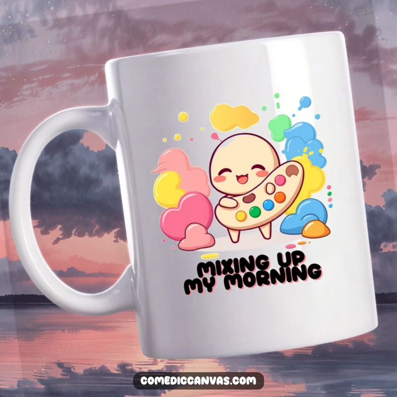 Funny mug showcasing a joyful palette character gleefully interacting with colorful blobs of paint, symbolizing artistic playfulness.