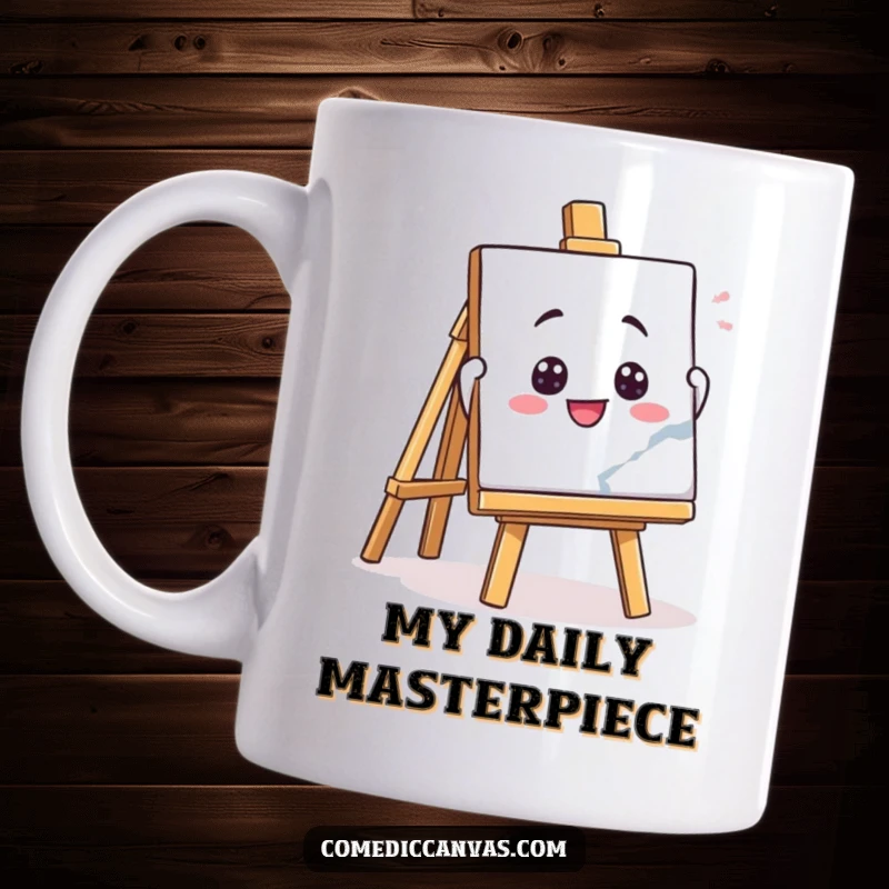 Funny mug featuring a playful easel character enthusiastically holding up a masterpiece, symbolizing artistic pride and humorous creation.