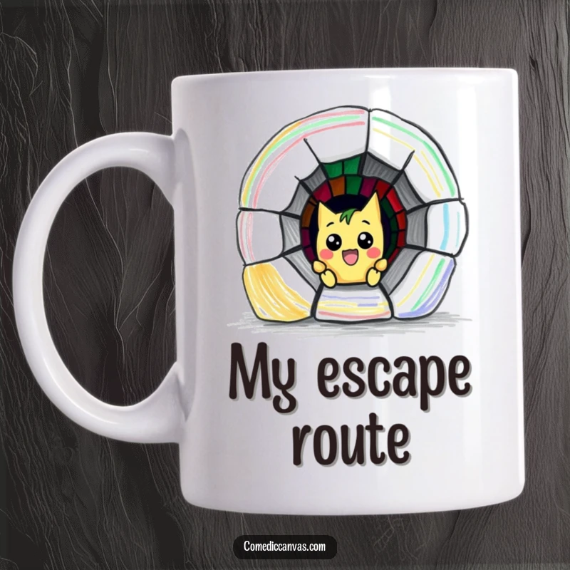 Funny mug featuring a mischievous crayon character humorously drawing a tiny, colorful escape tunnel, expressing creative freedom and wit.