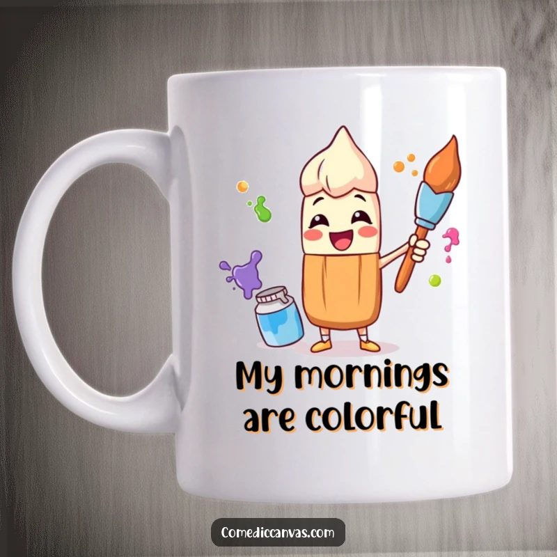 Funny mug showcasing a happy paintbrush character energetically juggling several colorful paint pots, capturing the fun and chaos of art creation.