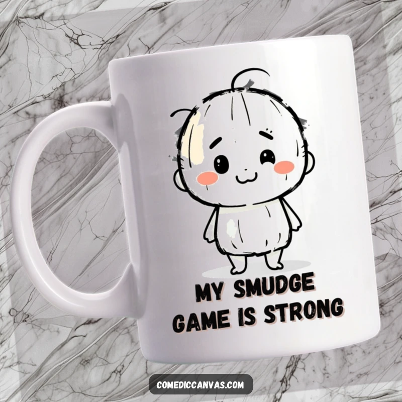 Funny mug featuring a determined charcoal stick character gleefully smudging charcoal lines, embodying artistic passion and creative fun.