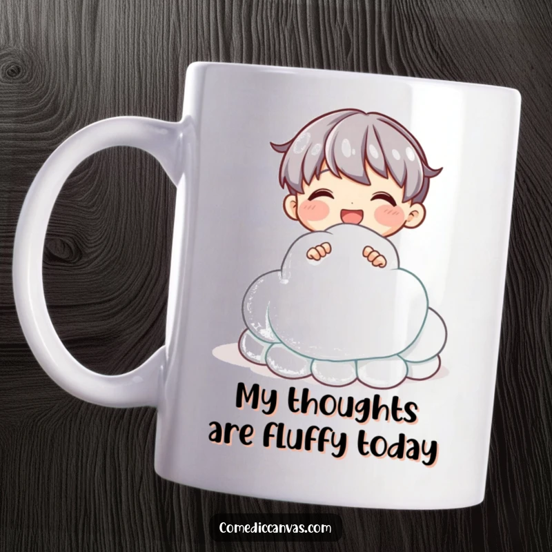 Funny mug with a delighted character joyfully sculpting a fluffy cloud from sparkling clay, showcasing artistic passion and creativity.
