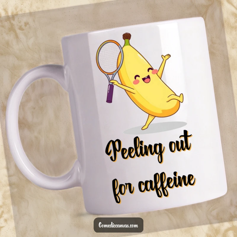 Funny banana character doing a cartwheel with a tennis racket, captured mid-air with a joyful expression on this mug.