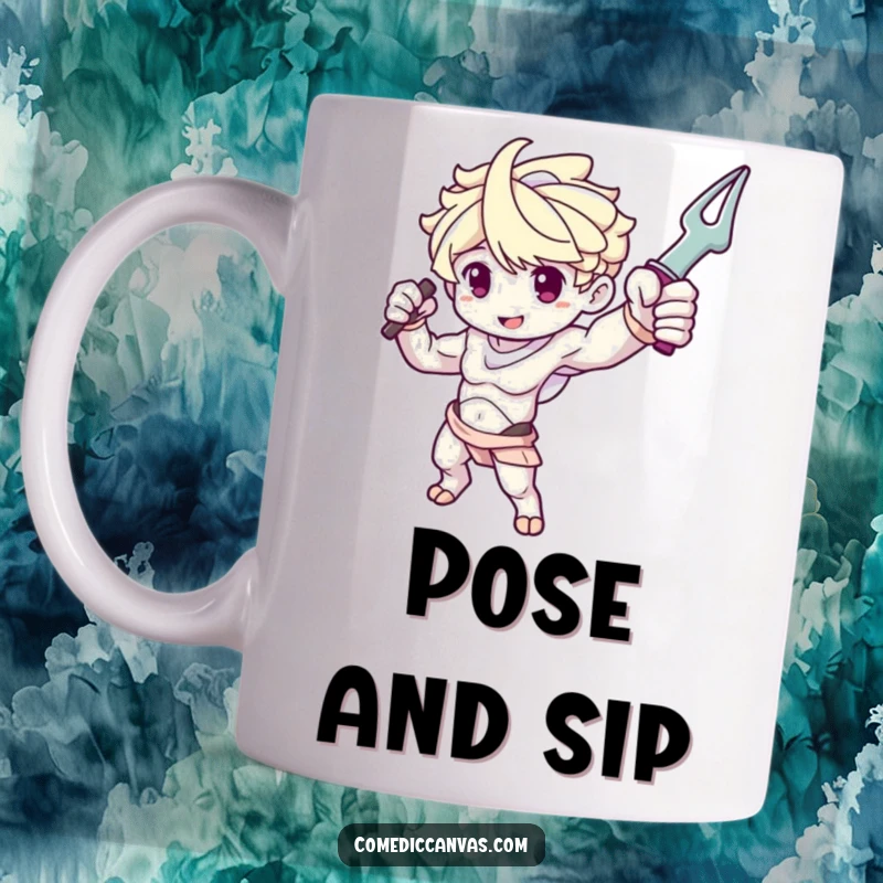 Funny mug with a cute sculpture arm character dramatically posing with a tool, showcasing artistic flair.
