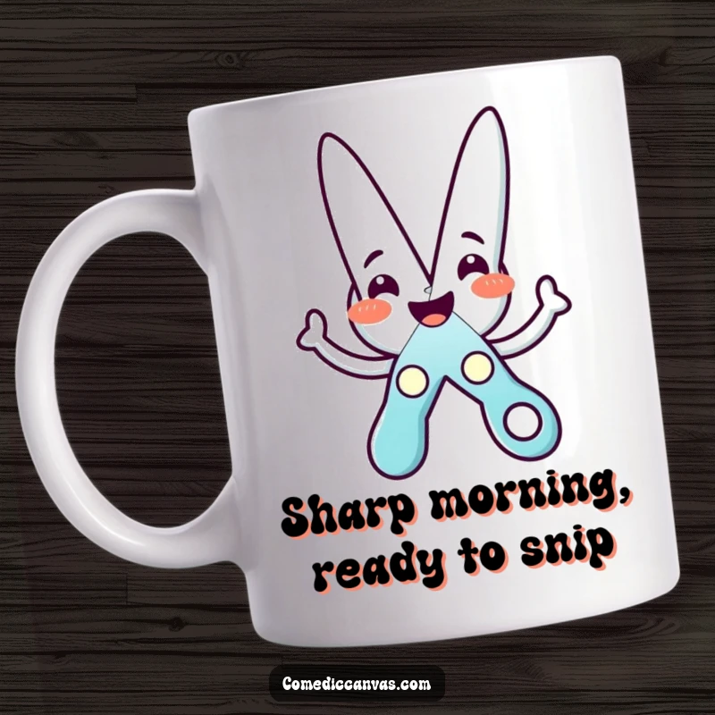 Funny mug showcasing a happy scissors character gleefully cutting out a shining star shape, perfect for creative souls.