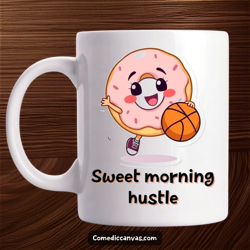 Funny mug featuring a smiling donut character joyfully dribbling a basketball with impressive skill and a playful attitude.