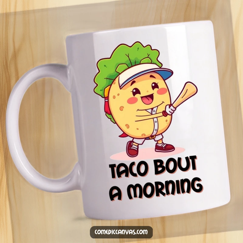 Funny cheerful taco character triumphantly playing baseball with a big smile, captured mid-swing on this mug.