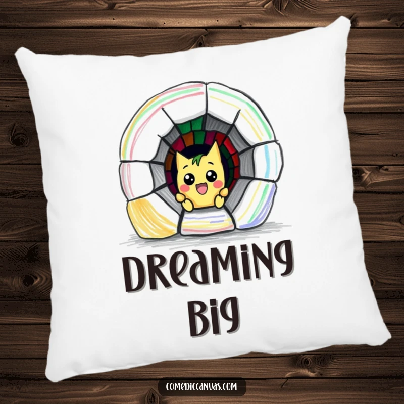 Funny pillow featuring a mischievous crayon character humorously drawing a small, colorful escape tunnel, providing comfort with a witty design.