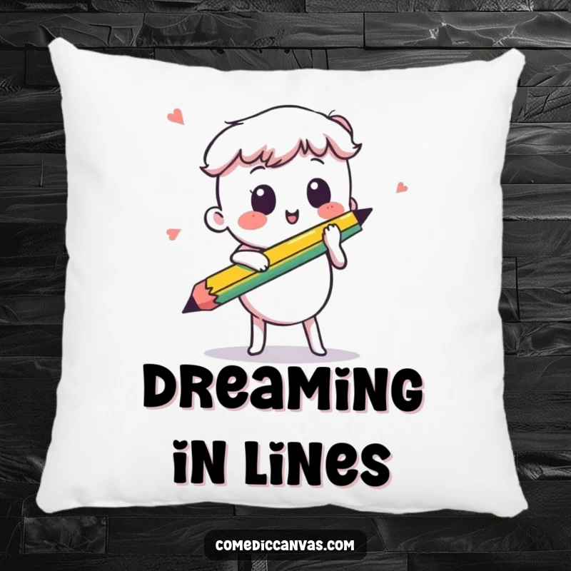 Funny kawaii pencil creating an energetic line, a comfortable pillow that adds artistic humor to any room, great gift.