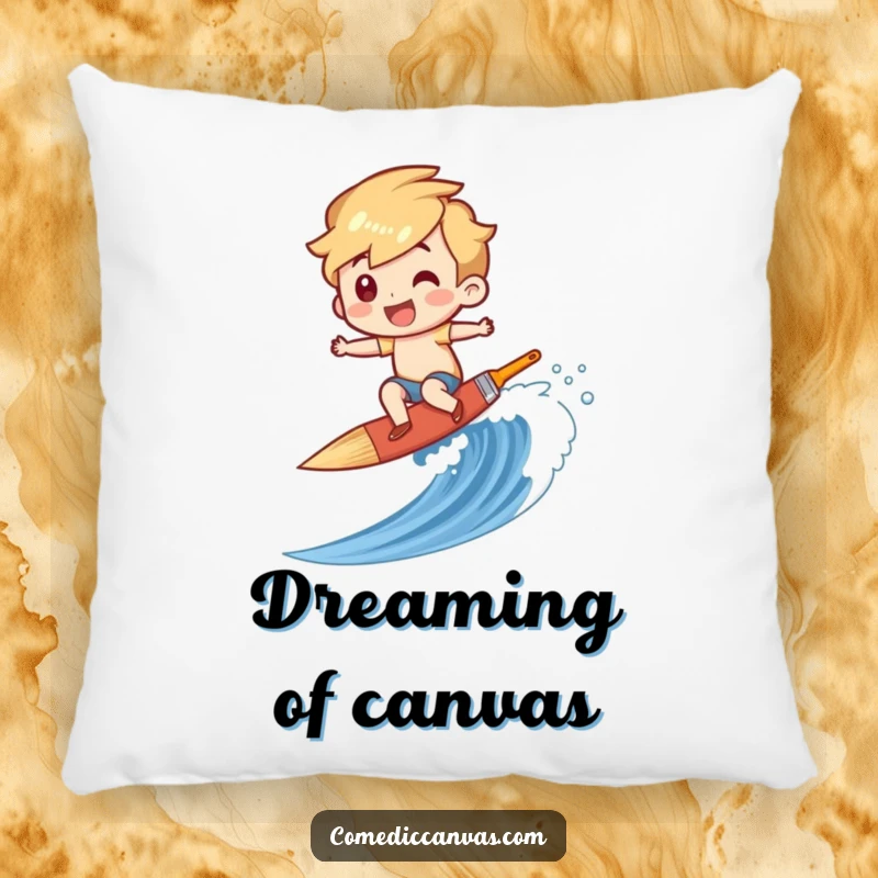 Funny pillow showcasing a character joyfully surfing a paintbrush down a painted wave, adding cozy artistic charm.